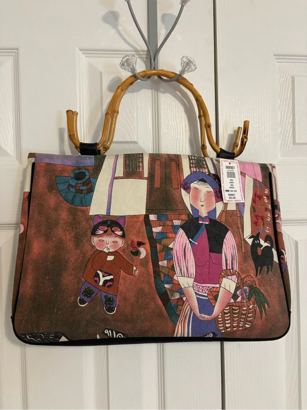 NWT Vintage 90s Chico's Multi-Color Artist Print Tote Bamboo Handle Boho